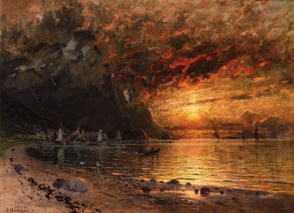 Fjord Landscape with Midnight Sun by Adelsteen Normann